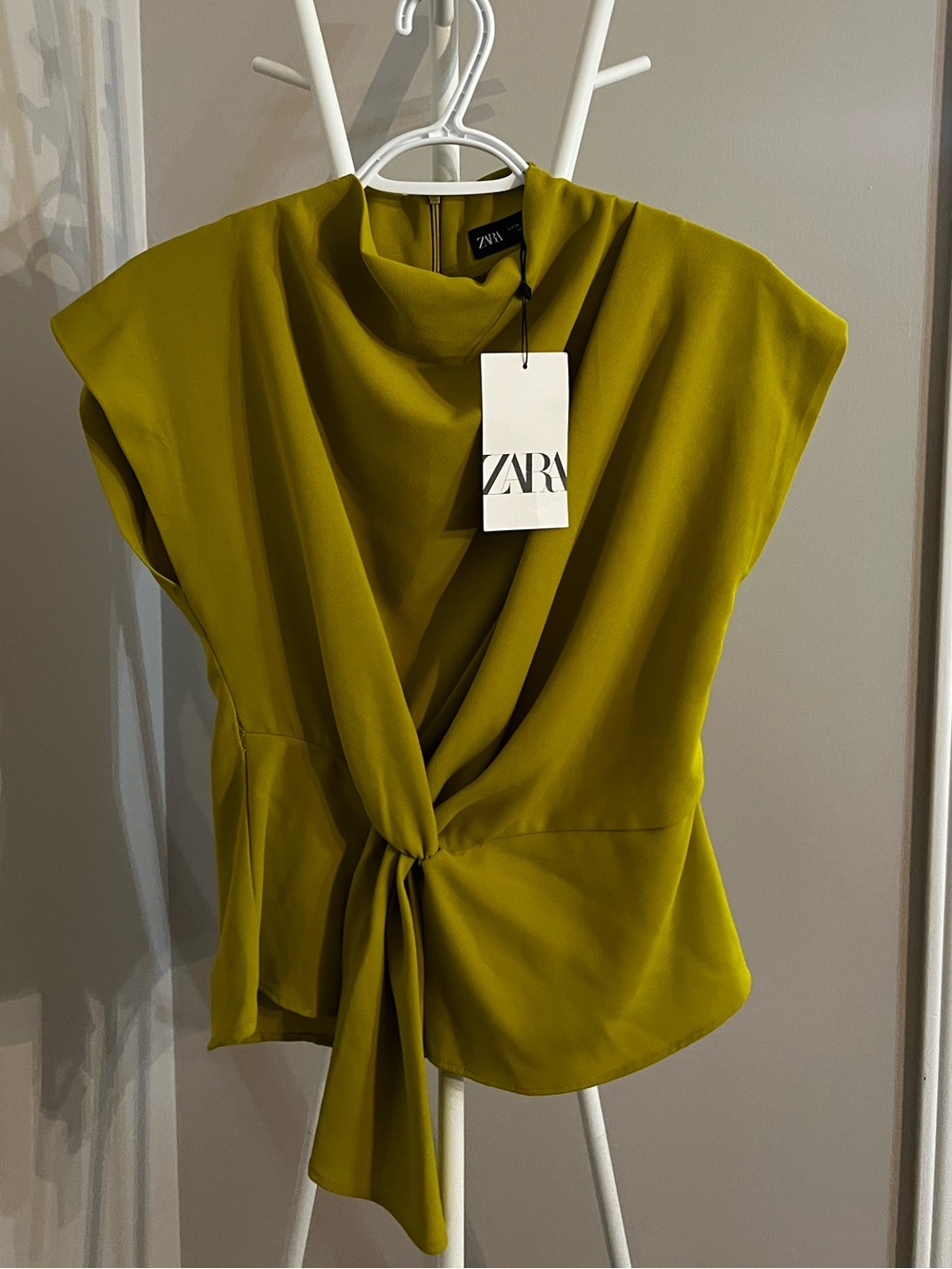 Zara Chartreuse Knot-Front Draped Blouse
